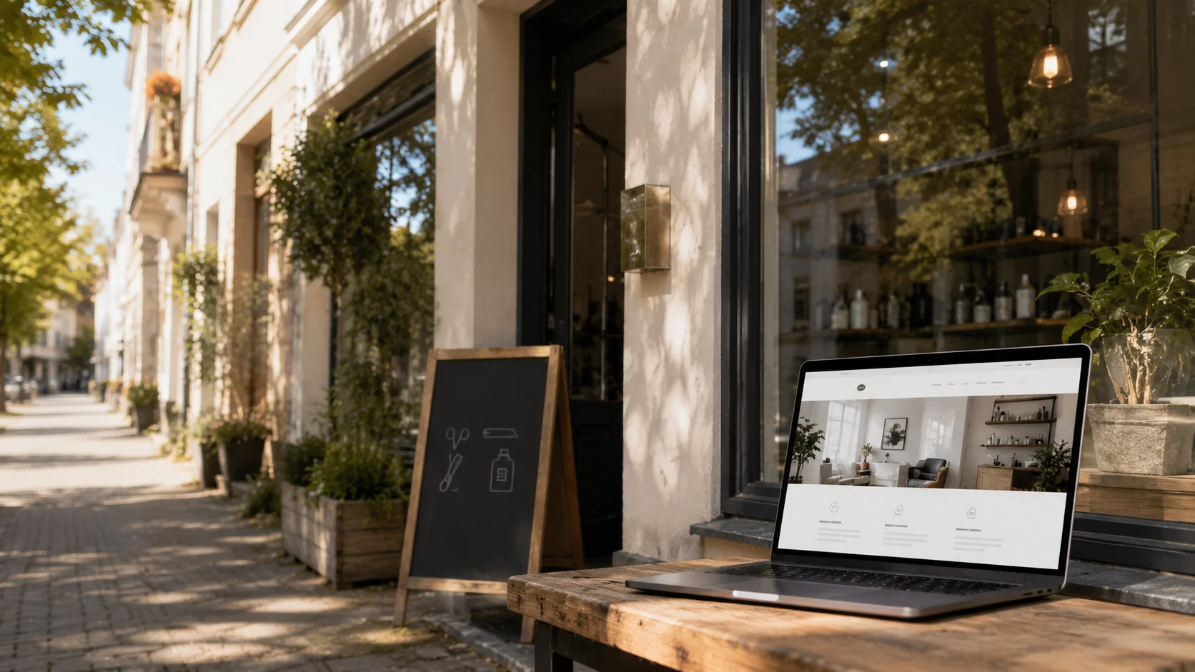 Laptop mit einer Unternehmenswebsite auf einem Tisch vor einem Ladengeschäft in einer Altbaustraße