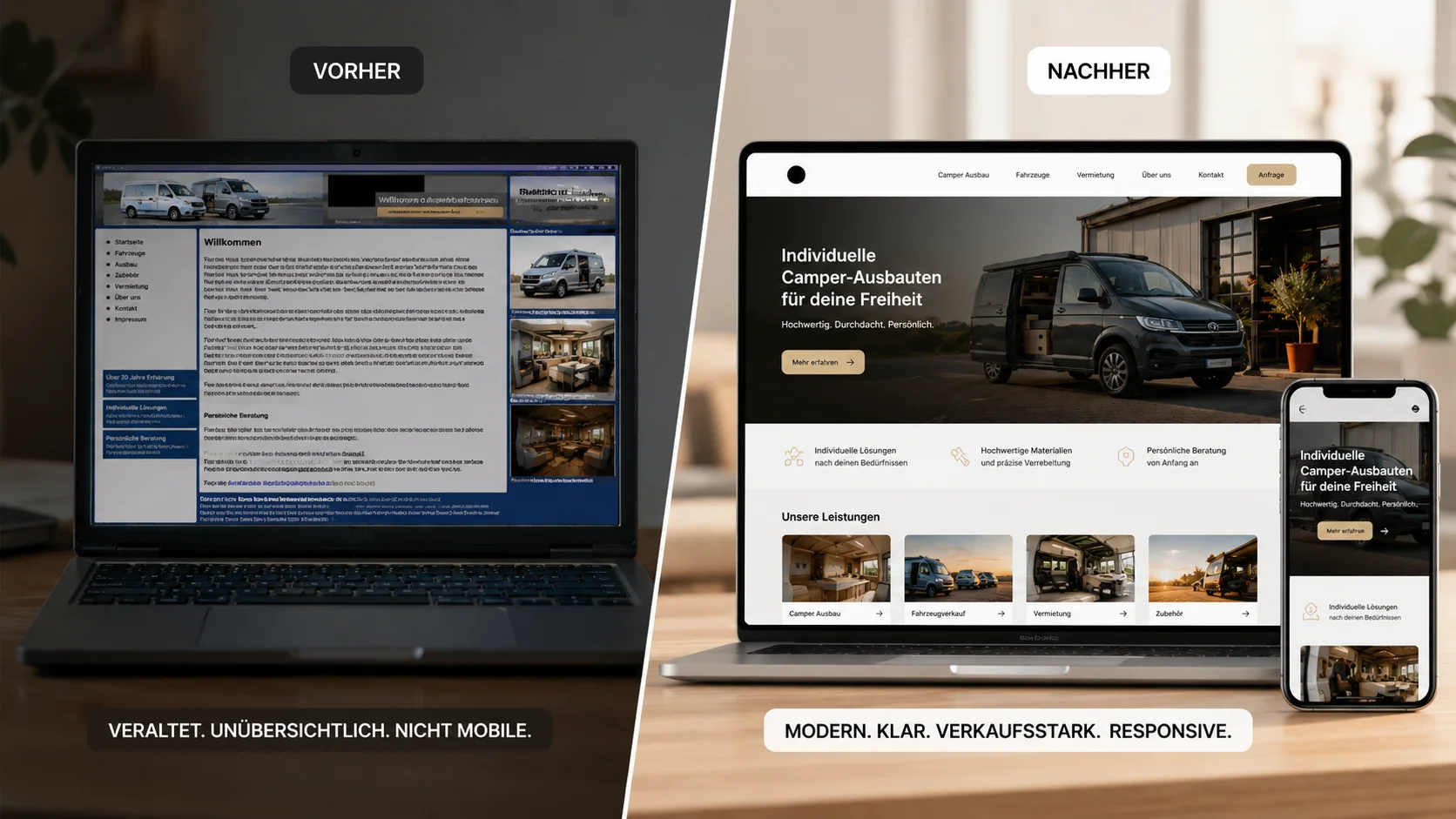Vorher-Nachher-Vergleich einer überarbeiteten Website für ein lokales Unternehmen