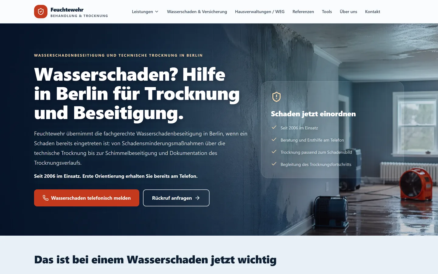 Startseite von feuchtewehr.de als Webdesign-Referenz